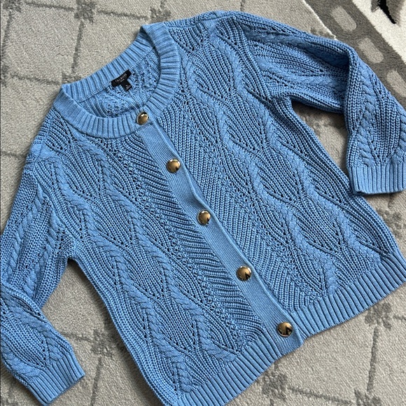 Talbots  Blue Chunky Knit Cardigan Sweater with Gold Buttons - Picture 2 of 7